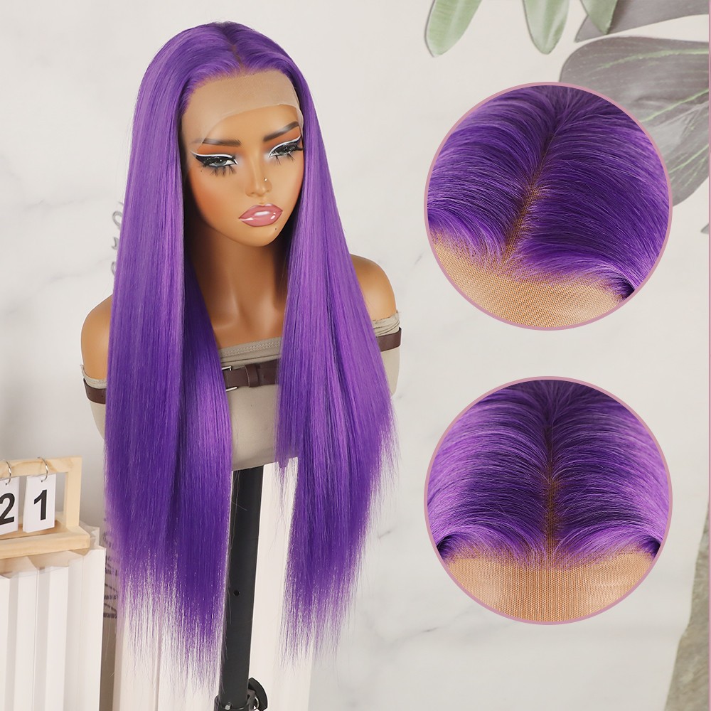 Purple Lace Front Wigs Long Straight Hair Heat Safe Pre Plucked Natural Hairline