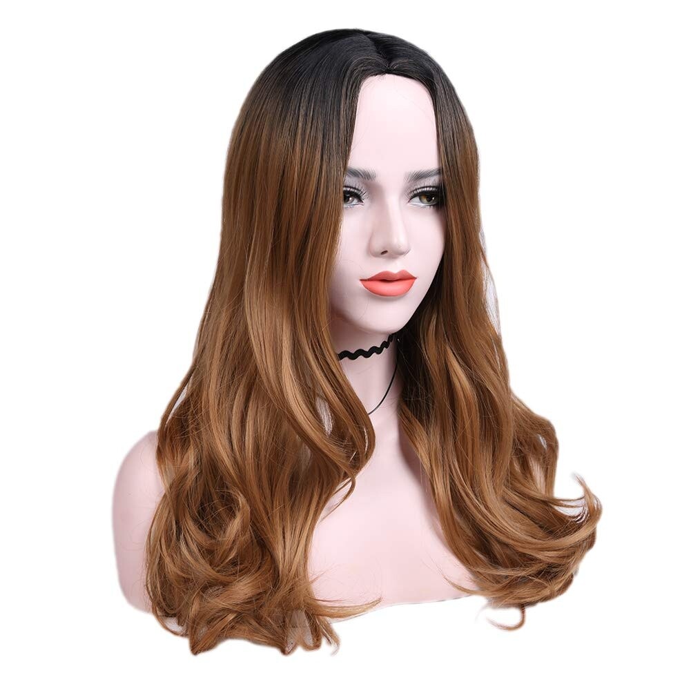 24in Black to Brown Ombre Long Wavy Wig for Women Heat Resistant Synthetic Party