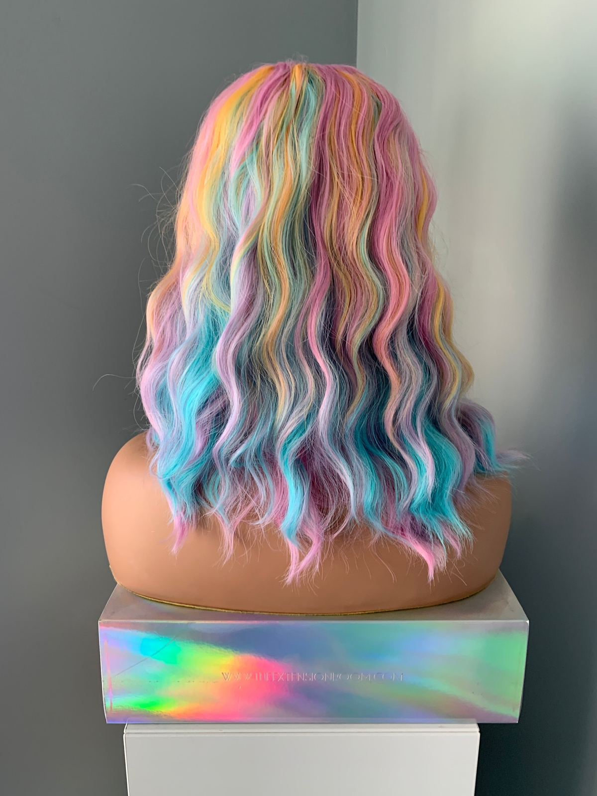 Pastel Rainbow Wig with Bangs Body Wave Multi-color Wig, 14 Inch Costume Cosplay