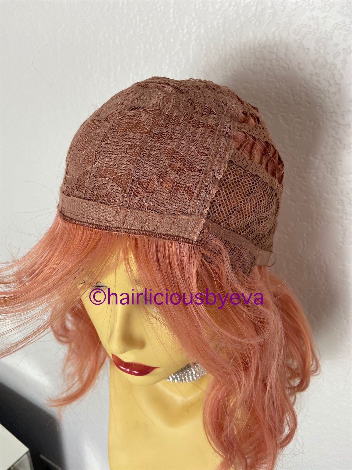 Pastel Rose Gold Pink Wig With Bangs Wavy 12 Inch Long Heat Resistance Ok