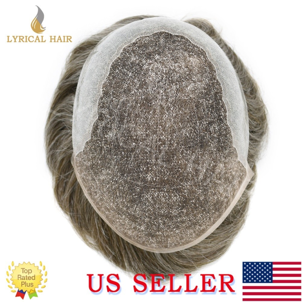 Mens Toupee French Lace Front Human Hair Replacement System Black Brown Grey Wig