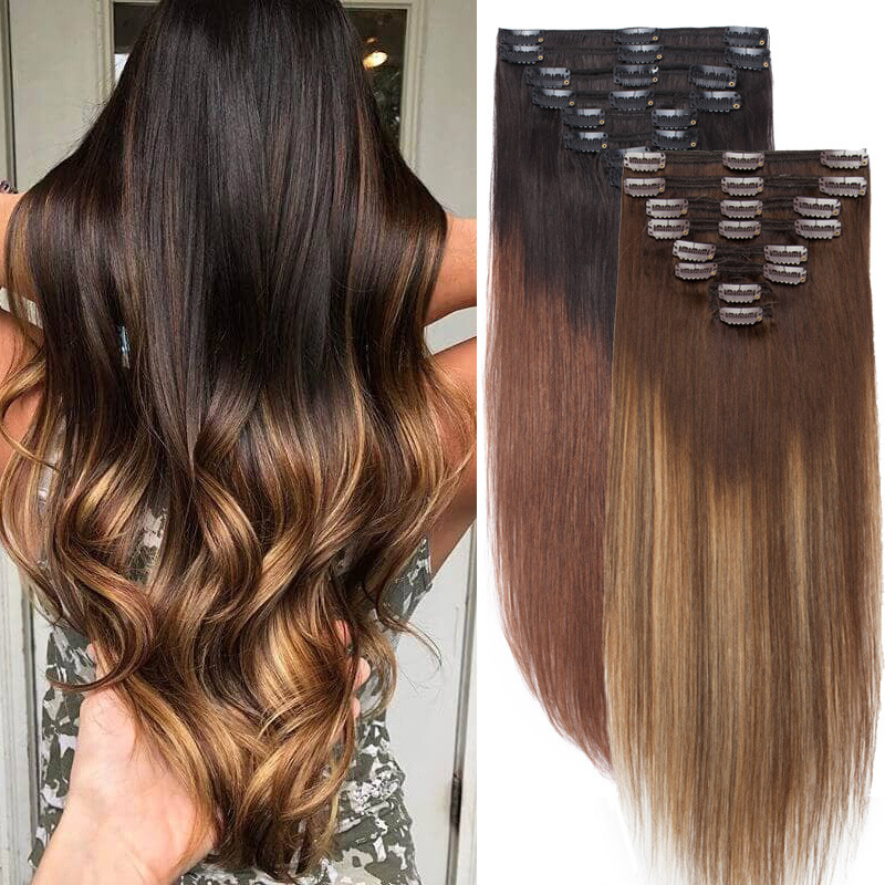US Long Thick Double Weft Clip In 100% Remy Human Hair Extensions Balayage Ombre