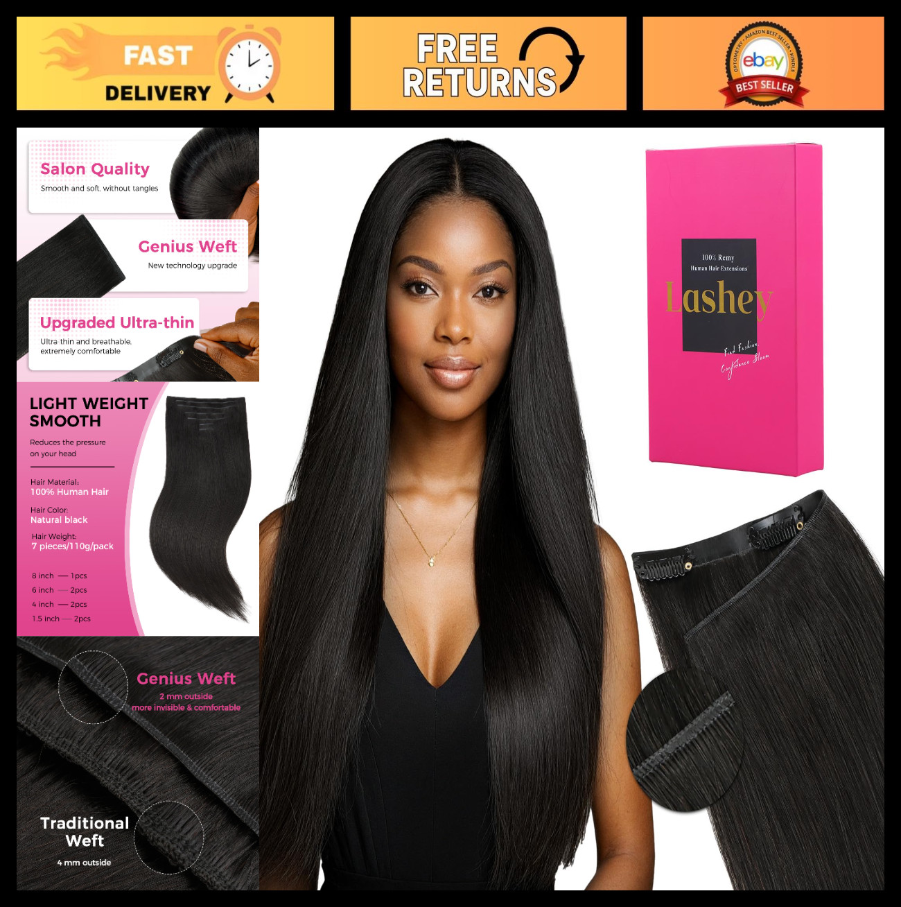 Seamless Clip-In Hair Extensions 110g, Real Human Hair, Natural Black, 16 Inch,
