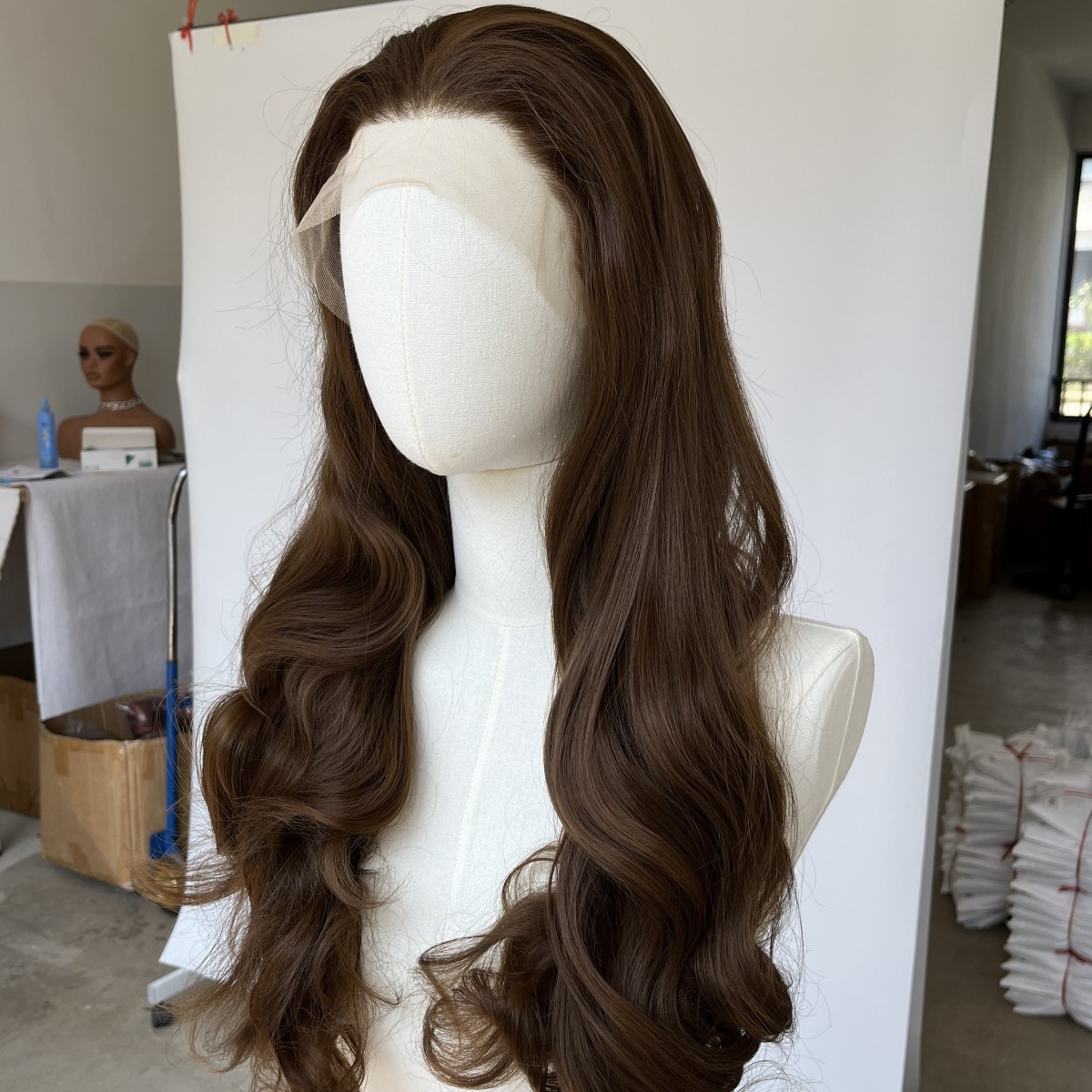 Women Brown Long Wavy Pre Plucked Lace Frontal Wig Heat Resistant Hair