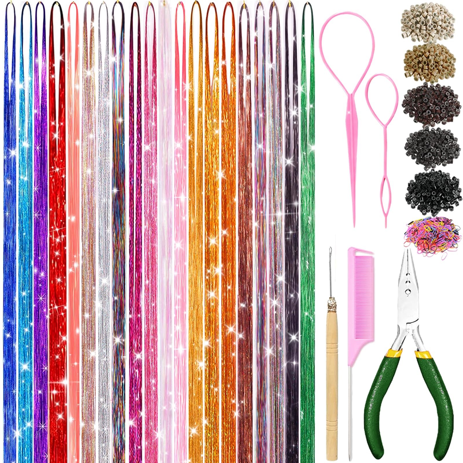 Hair Tinsel Kit With Tool 8600 48 Inch (Pack of 12), 20 Colors-8600 Strands