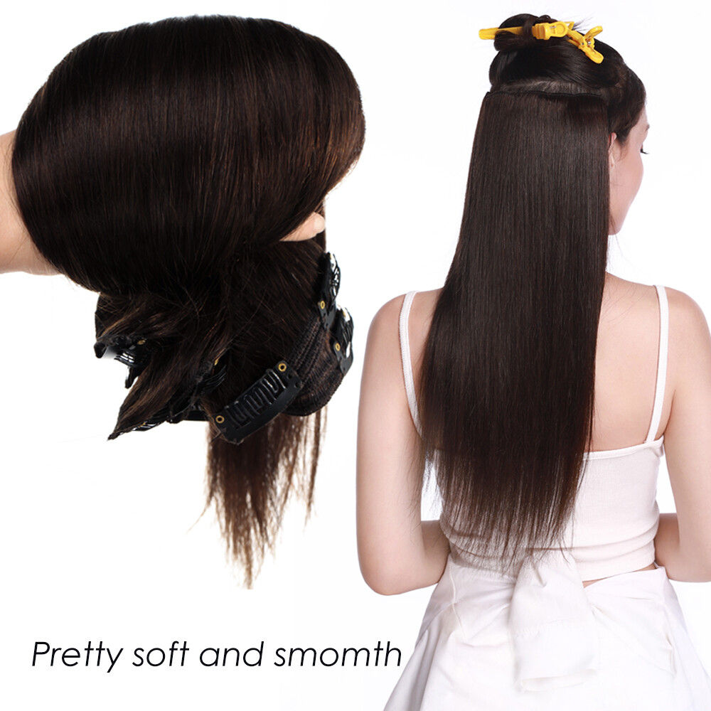 Human Hair Clip In Extension Remy Double Weft Full Head Grey Ombre Highlight US