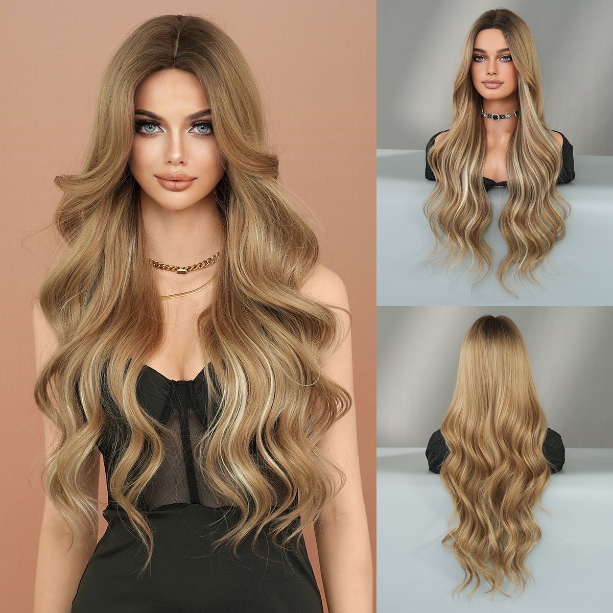 Women parted highlighted long curly hair wig with large waves artificial hair