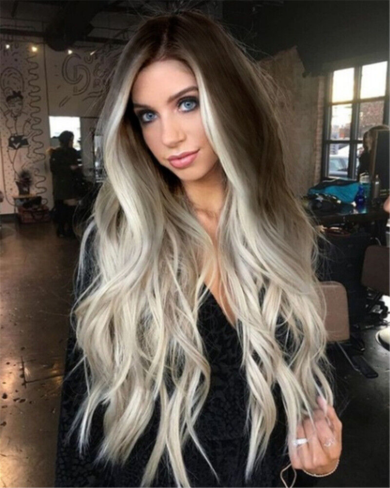 Women’s Ash Gray Silver Ombre Lace Long Wavy Curly Blonde Synthetic Wigs Hair US