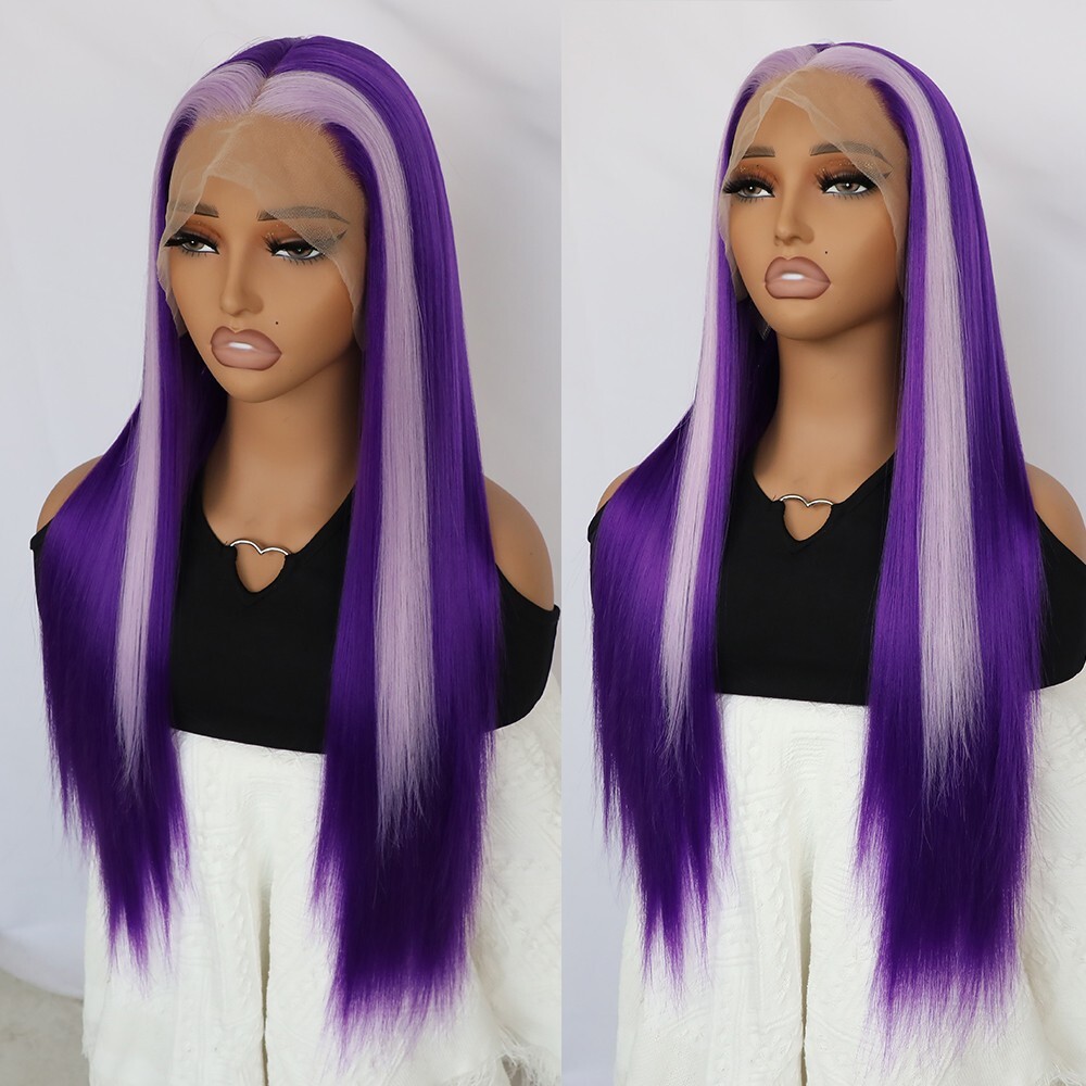 Long Straight Synthetic Lace Front Wigs Purple Hair Heat Resistant Women Party