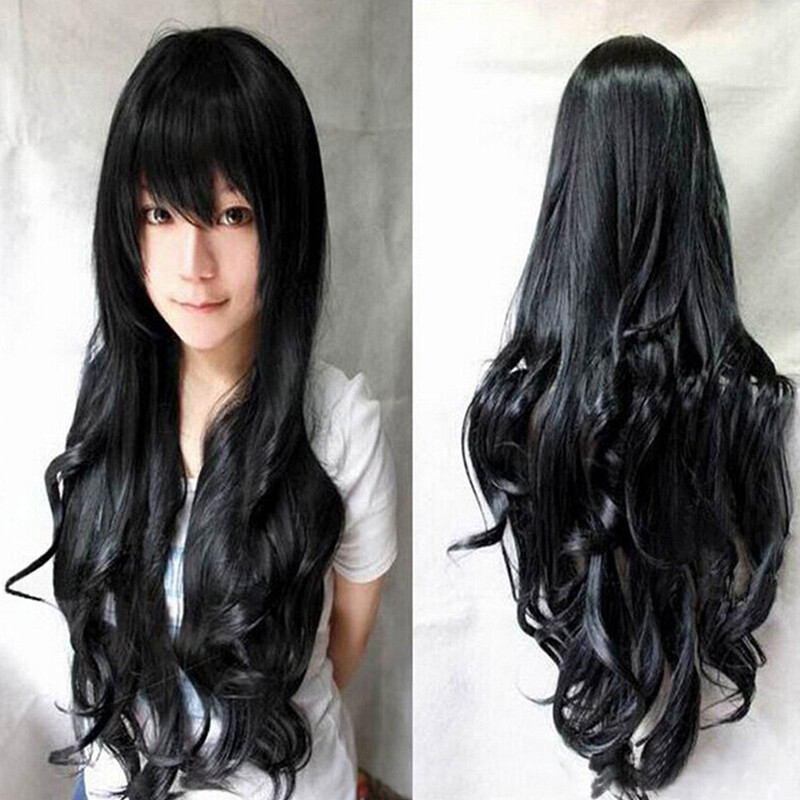 Black 80cm Long Curly Wigs Cosplay Costume Hair Anime Full Wavy Beauty Cloth