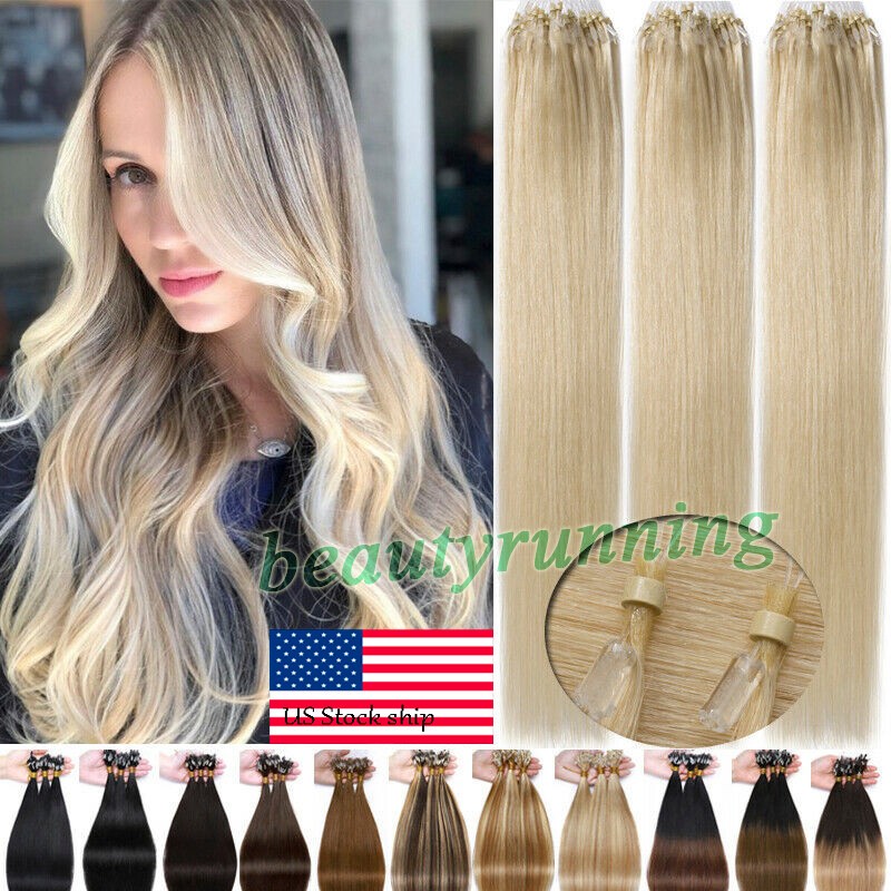 Micro Ring Loop Beads Hair Extensions 100% Human Hair Straight Colored 16″-26″