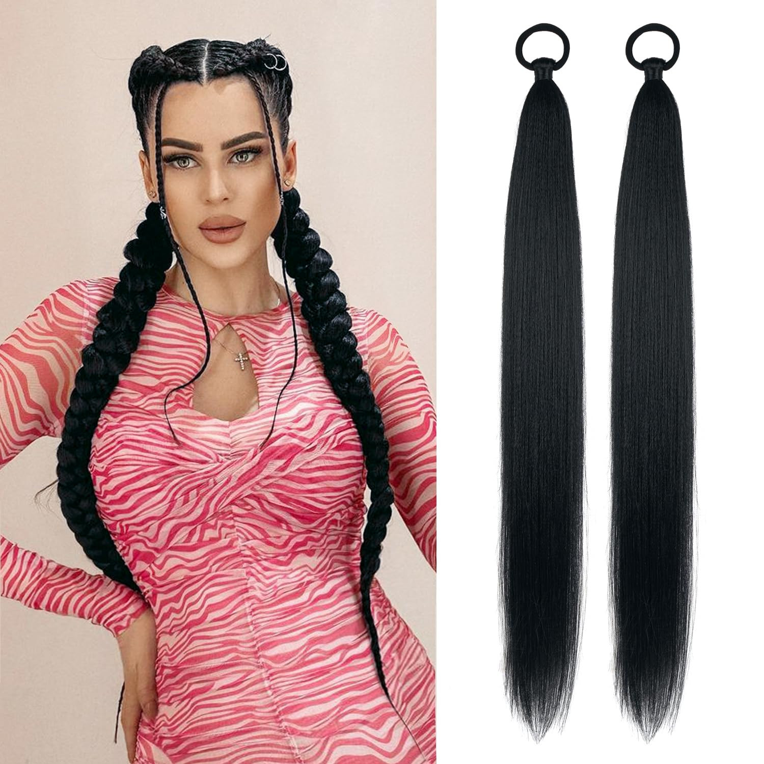 Black Ponytail Extension 2 Pack Braid Ponytail Extension with Elastic Tie Straig