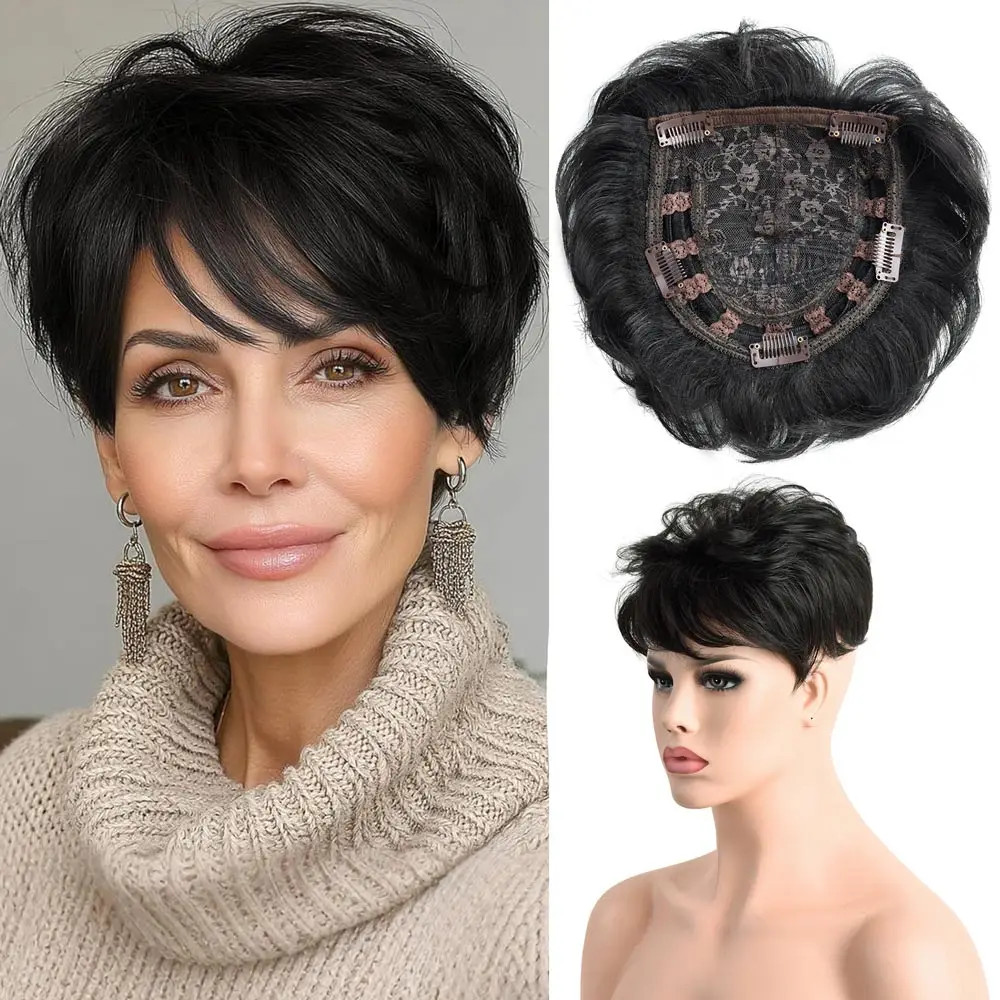 6 Inch Natural Curly Short Pixie Synthetic Hair Topper for Thinning Hair Pieces