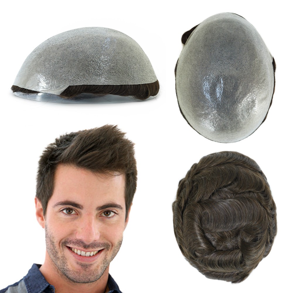 Toupee for Men Human Hair Replacement System 0.05mm Thin Skin Hairpieces BIO #3