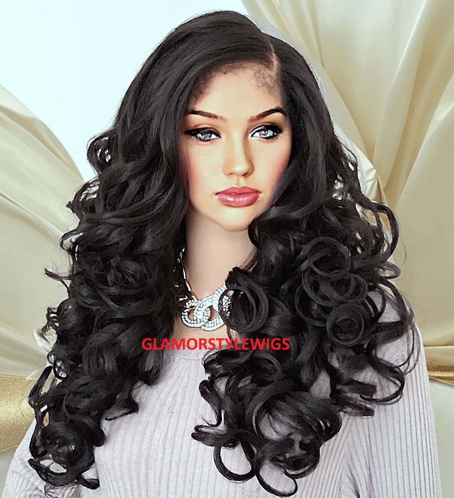 32″ LACE FRONT FULL WIG LONG CURLY LAYERED SIDE PART OFF BLACK #1B NWT