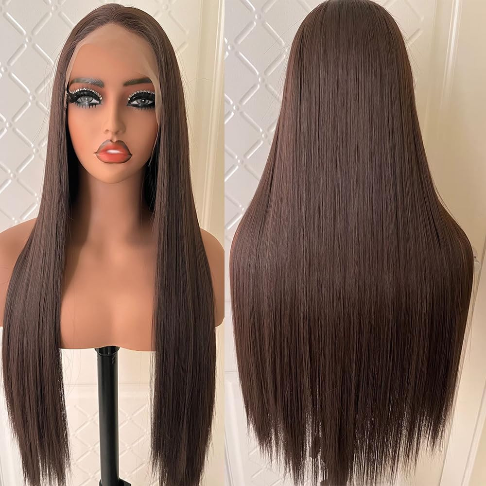 Synthetic Lace Front Auburn Wig Pre Plucked Dark Brown Glueless Wigs for Black W