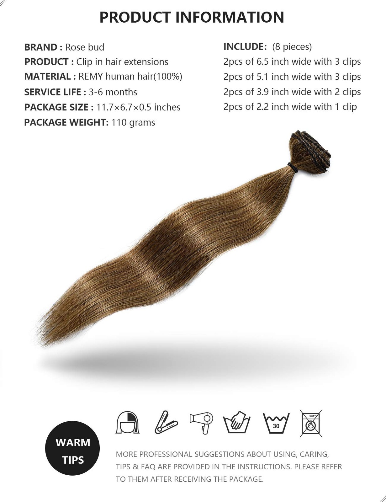 Rose Bud Clip In Hair Extensions Remy Human Hair 8Pcs 18 Clips 65G/Set 16 Inch