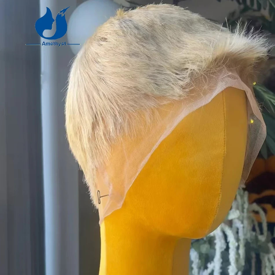 #60 Platinum Blonde Short Boy Cut Male Wig Breathable Cap Full Lace Wig for Men