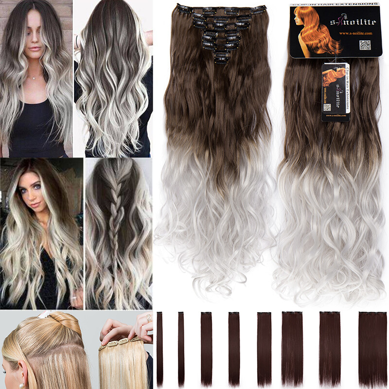 CLEARANCE Highlights Long Wavy Clip In Hair Extensions Real Natural 8 Pieces US