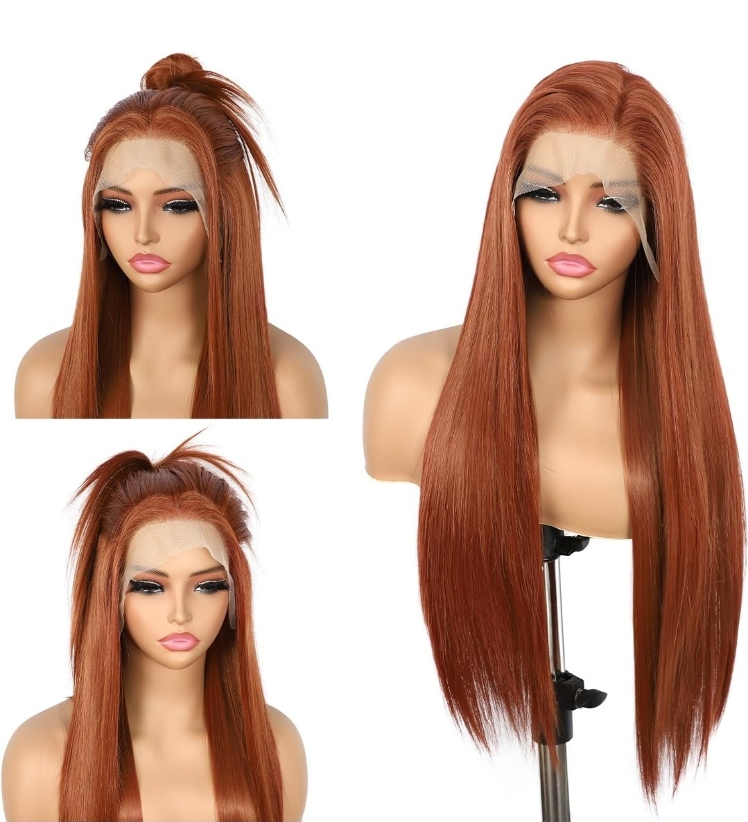 Long HD Transparent Lace Front Wig Auburn Red Red Blonde Human Hair Wavy Curls