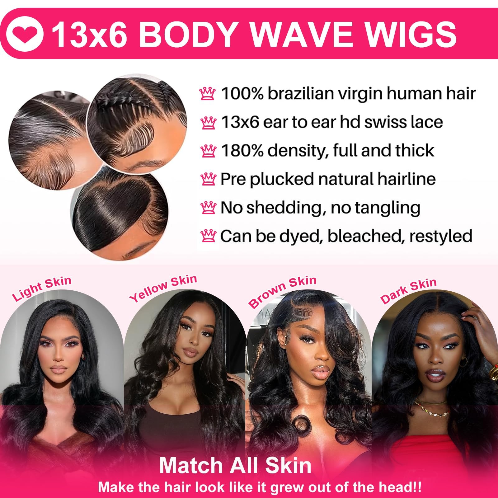 32″ 180% HD 13×6 Body Wave Human Hair Lace Front Wig PrePlucked Bleached Knots