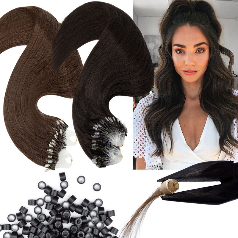 Brown 100% Human Hair Micro Ring Tip Loop Beads Remy Hair Extensions 1g/s Black