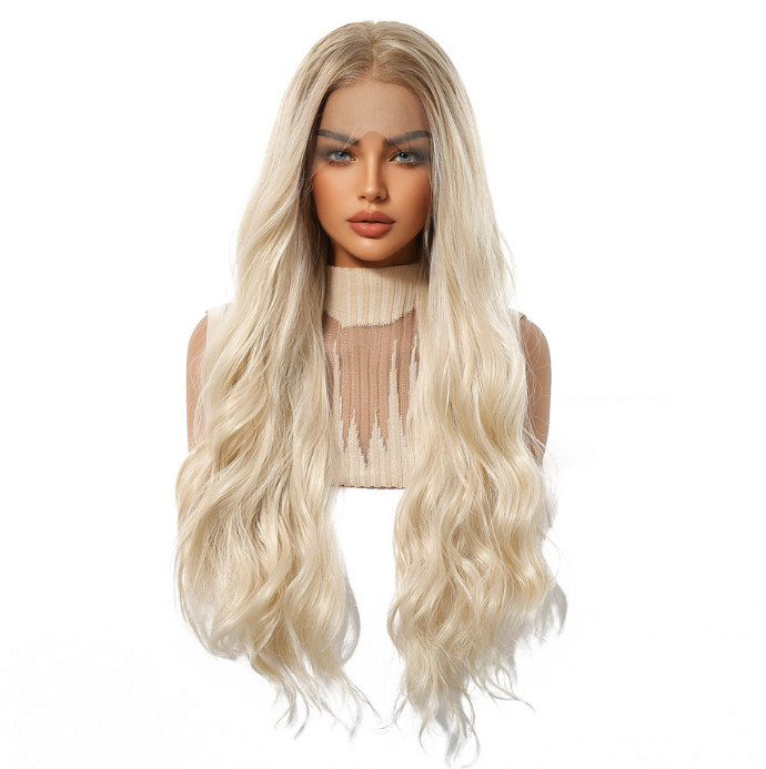 Long Wavy Rooted Pale Blonde Mix Lace Front Synthetic Hair Heat Ok Wigs