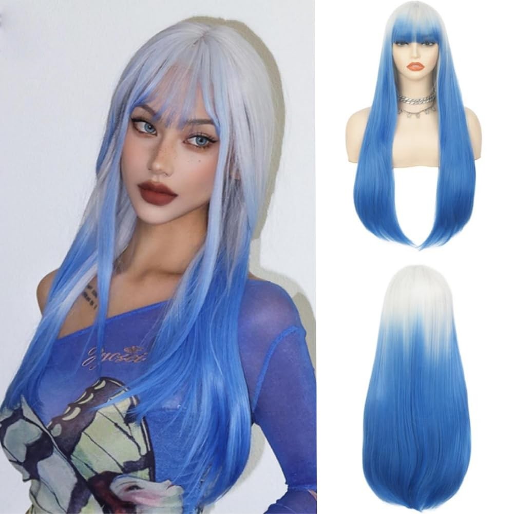 Ombre Blue Wigs with Bangs for Women Long Straight Synthetic Fiber Heat Resis…