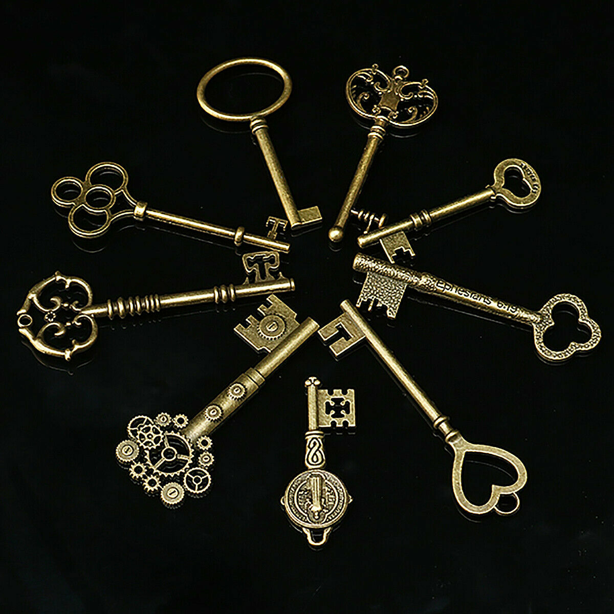 9Pcs Large Antique Vintage Old Brass Skeleton Keys Lot Cabinet Lock Necklace USA