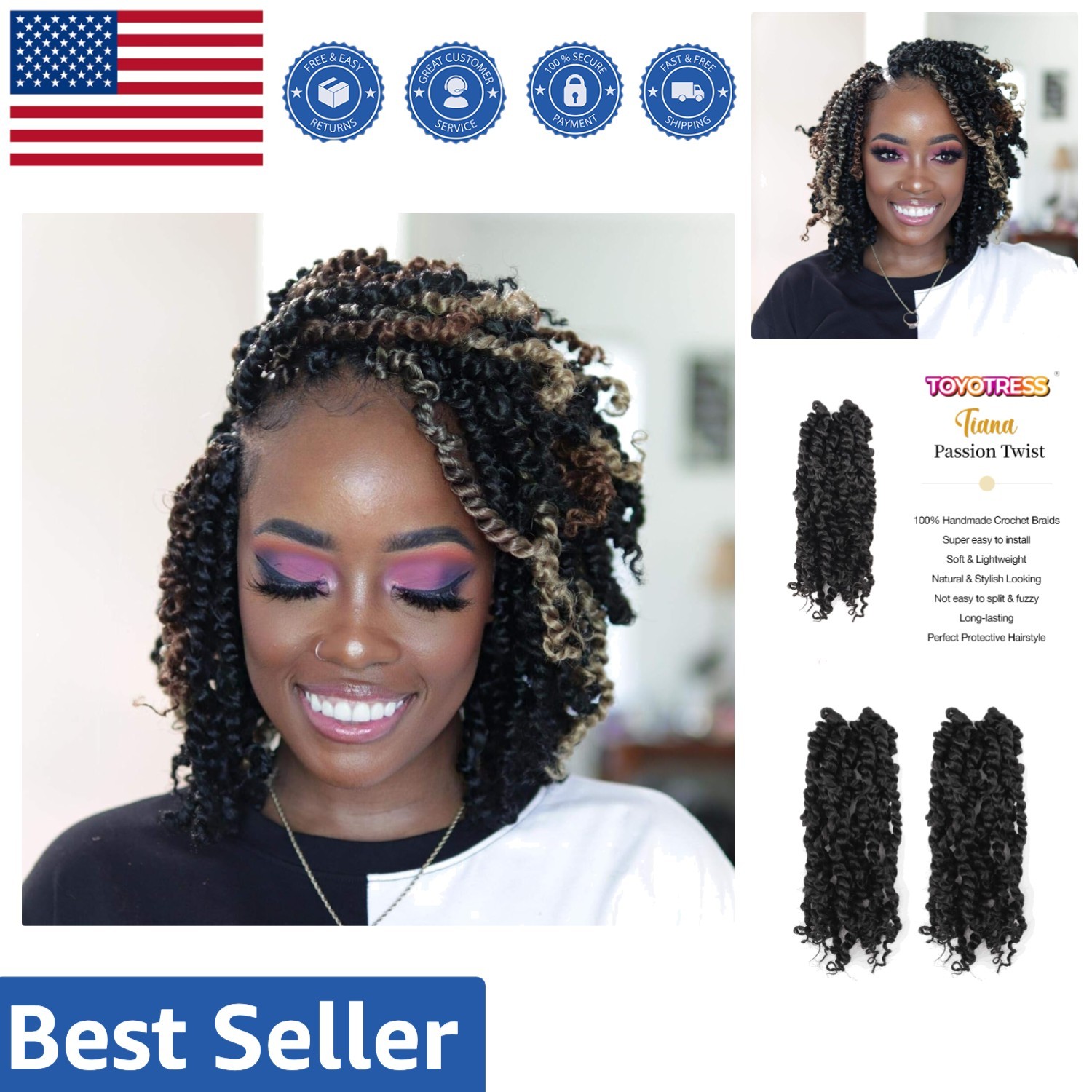 Volumized 8 Inch Pre-Twisted Crochet Hair – Handmade Synthetic Extensions – 1B