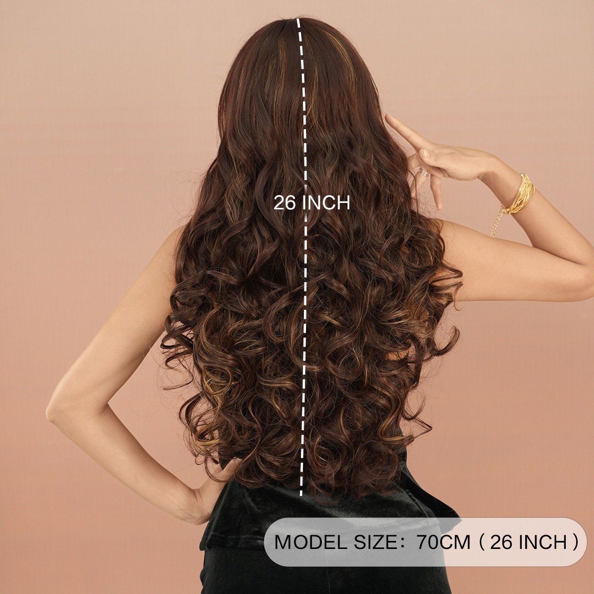 Long wavy red-brown bleached blonde side-parted curly hair wig fluffy
