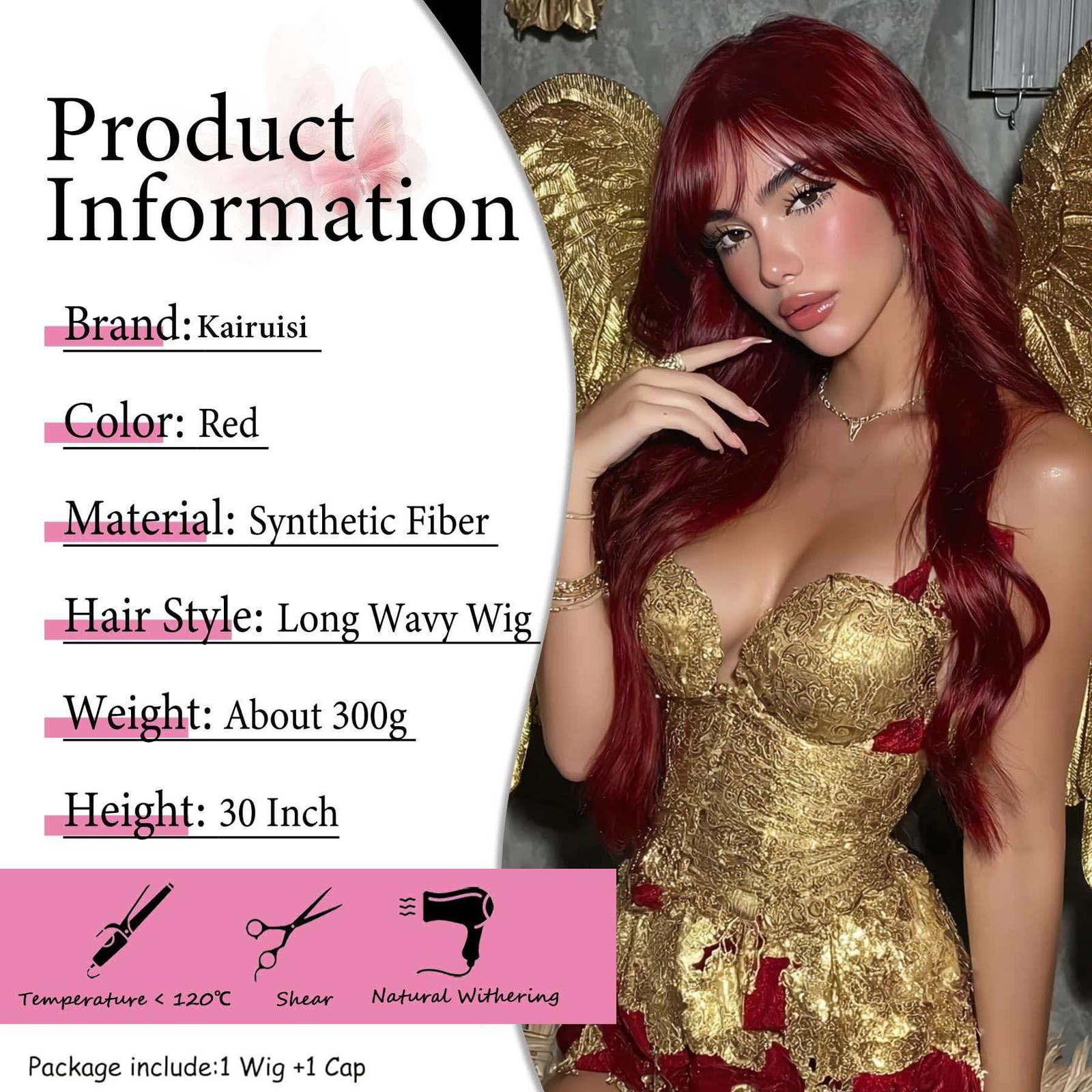 Rose Red Wavy 30in Long Wig for Women Heat Resistant Synthetic Cosplay Party