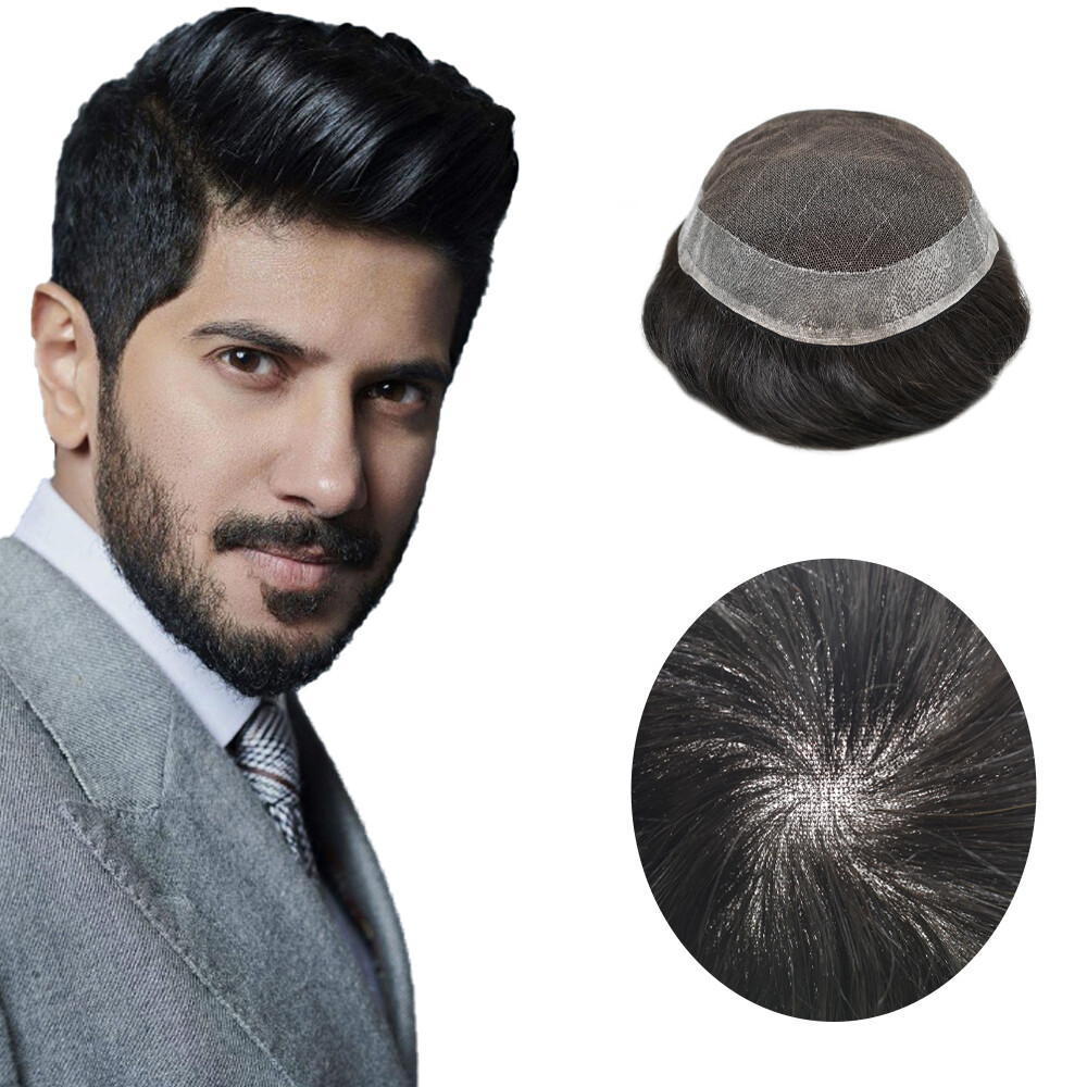 Mens Toupee French Lace Human Hair Replacement System Poly Skin PU Hairpiece Wig