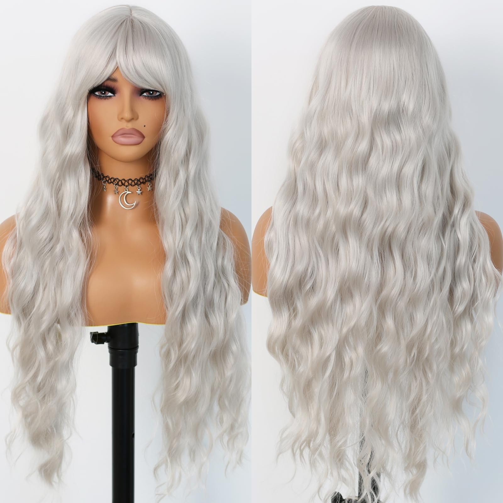 Silver Gray Wig with Bangs Grey Wigs for Women Long Curly Wig with Air Bangs …