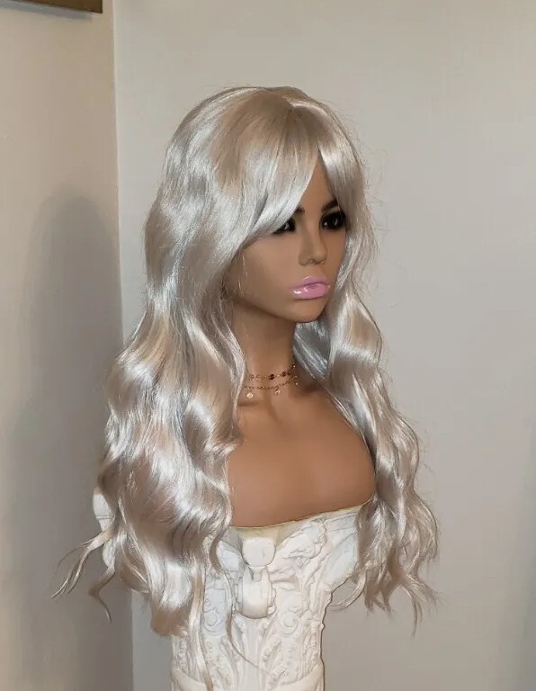 Princess Platinum Wig – Long Wavy Silver Blonde Human Hair Synthetic Hair Blend