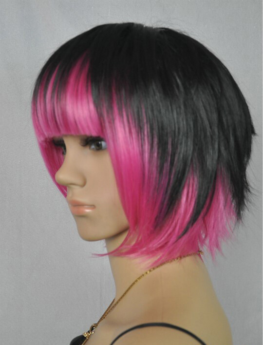 Hot Sell Fashion Black Mix Pink Bob Bangs Short Women Lady Hair Wig Wigs+Wig Cap
