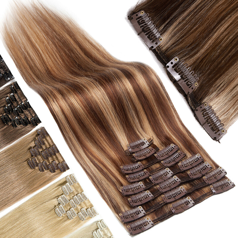 Clip In Human Hair Extensions Full Head Real Remy Hair Balayage Highlight Weft