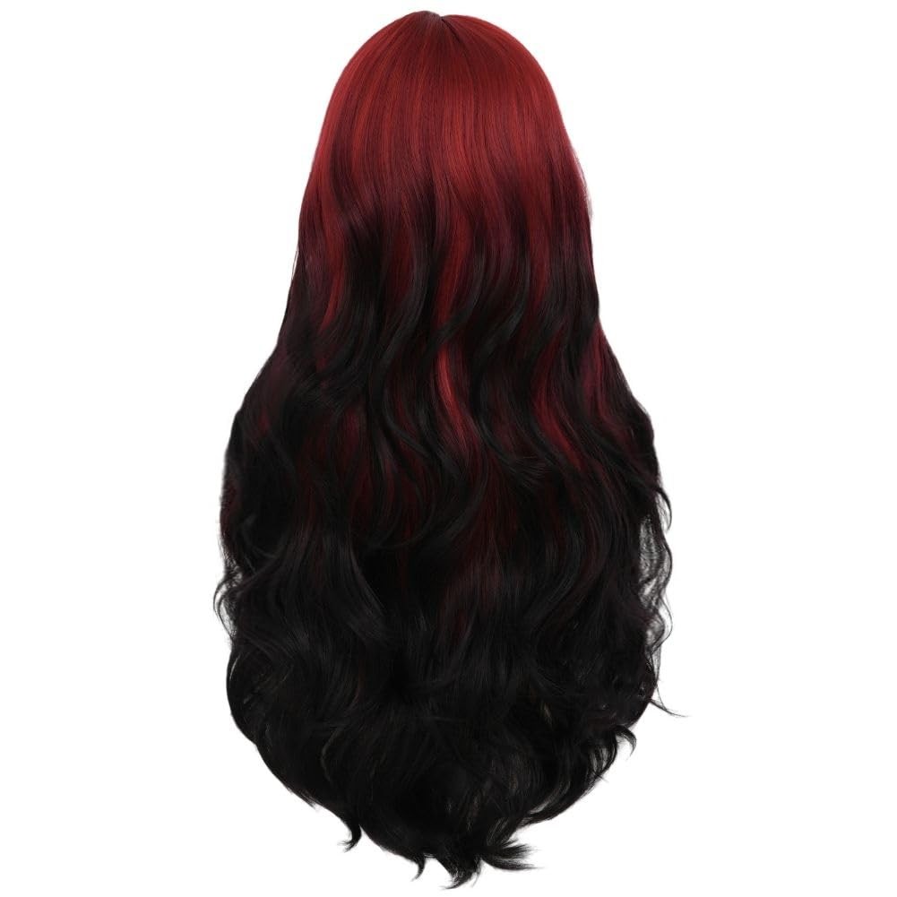 Red Black Long Wig with Bangs Womens Curly Wavy Ombre Red Hair Wig Heat Resis…