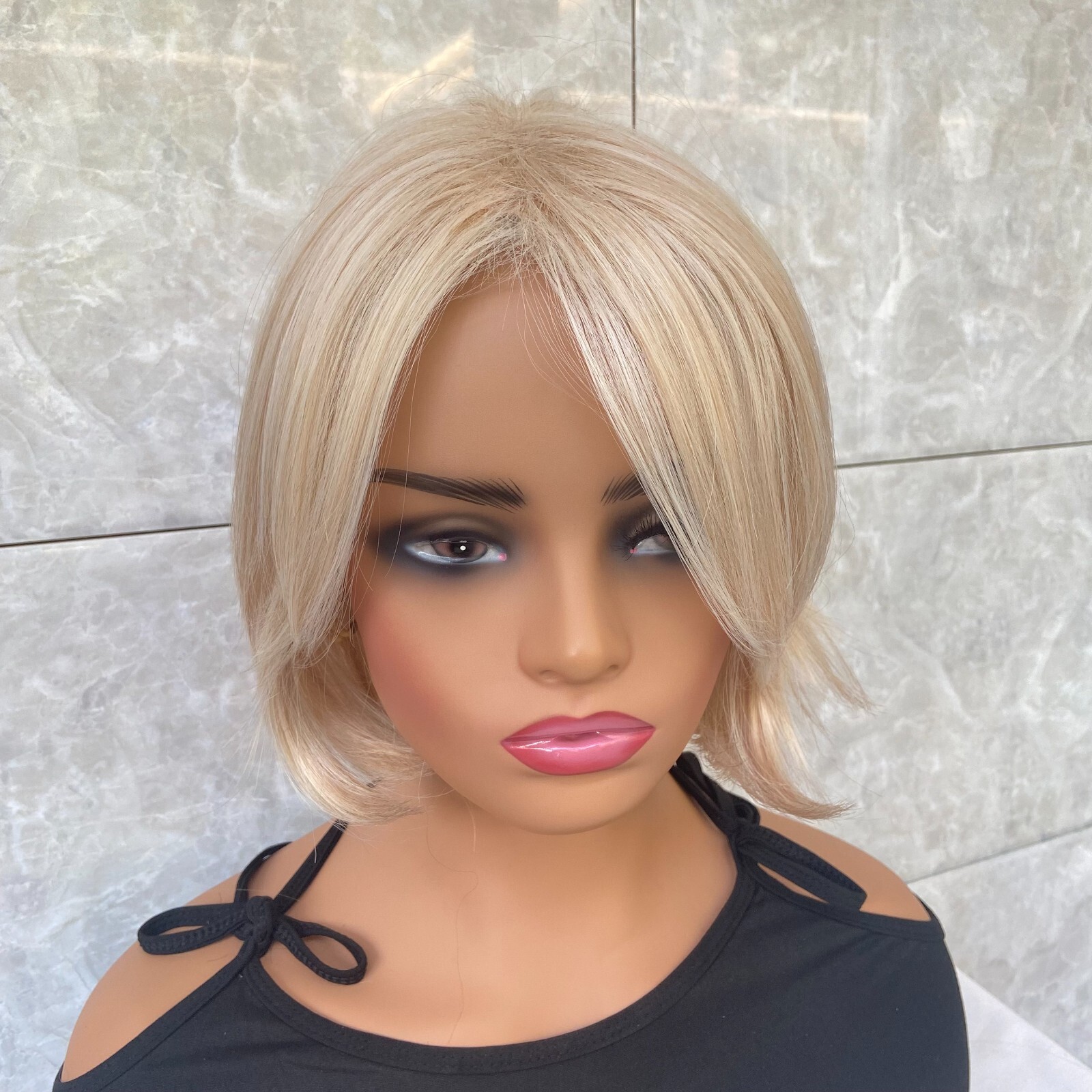 Short Natural Blonde Mix 100% Human Hair Blend Heat Ok Wigs Women Soft