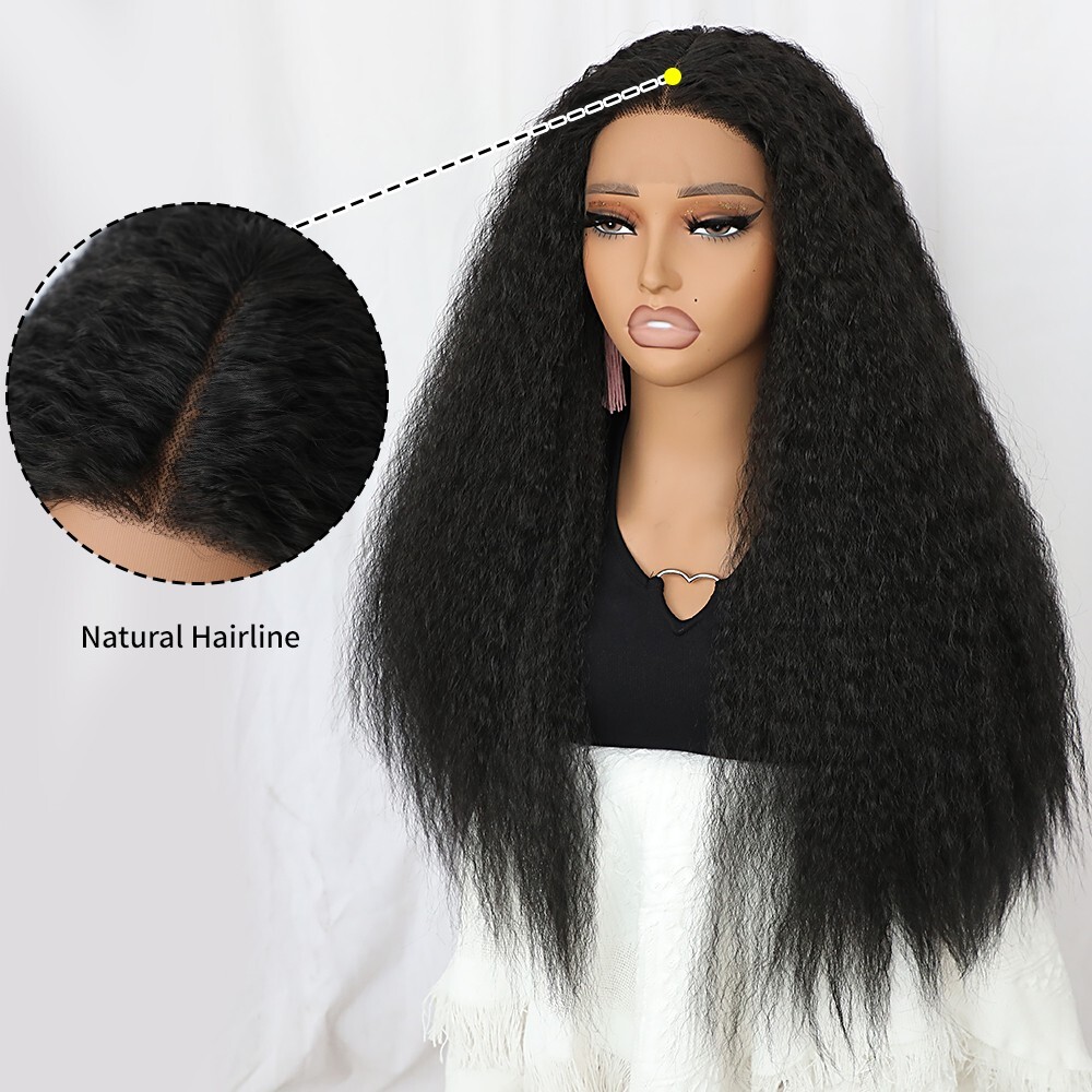 Long Kinky Straight Lace Front Wigs Pre Plucked Natural Yaki Hair Black Women