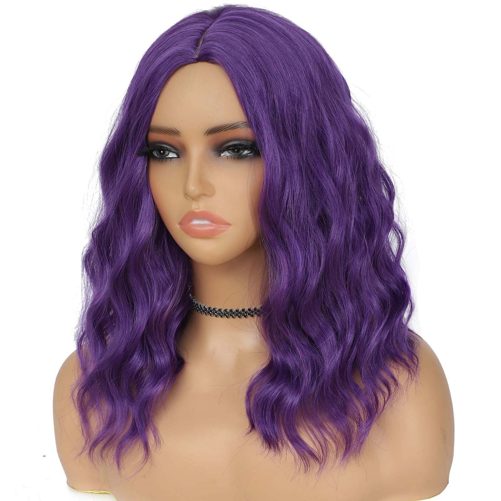 BEAUTIFA Dark Purple Wig for Women Wavy Curly Purple Bob Wigs Middle Part 14 …