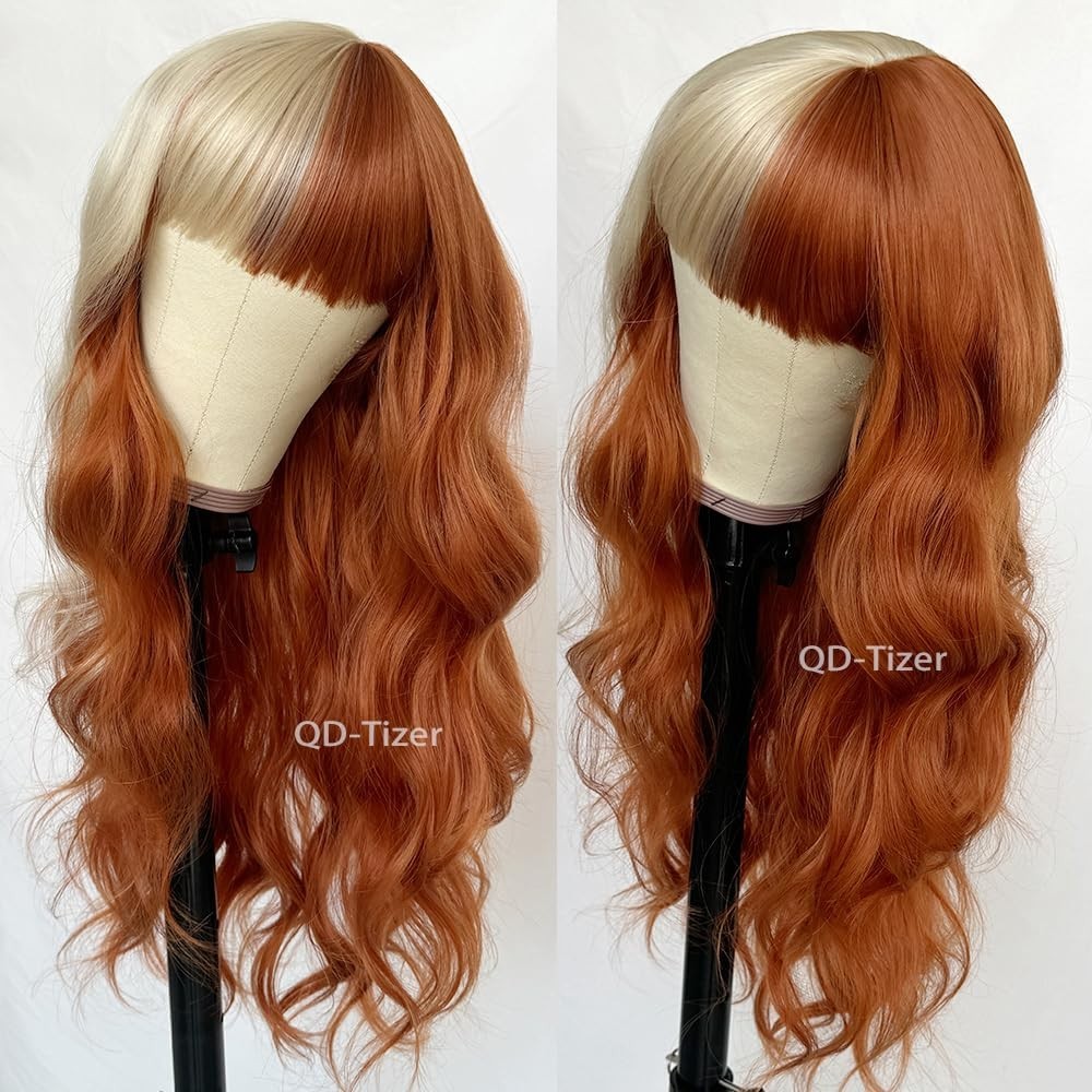 Blonde and Copper Synthetic Wigs Long Wavy Curly with Bangs for Cosplay and P…