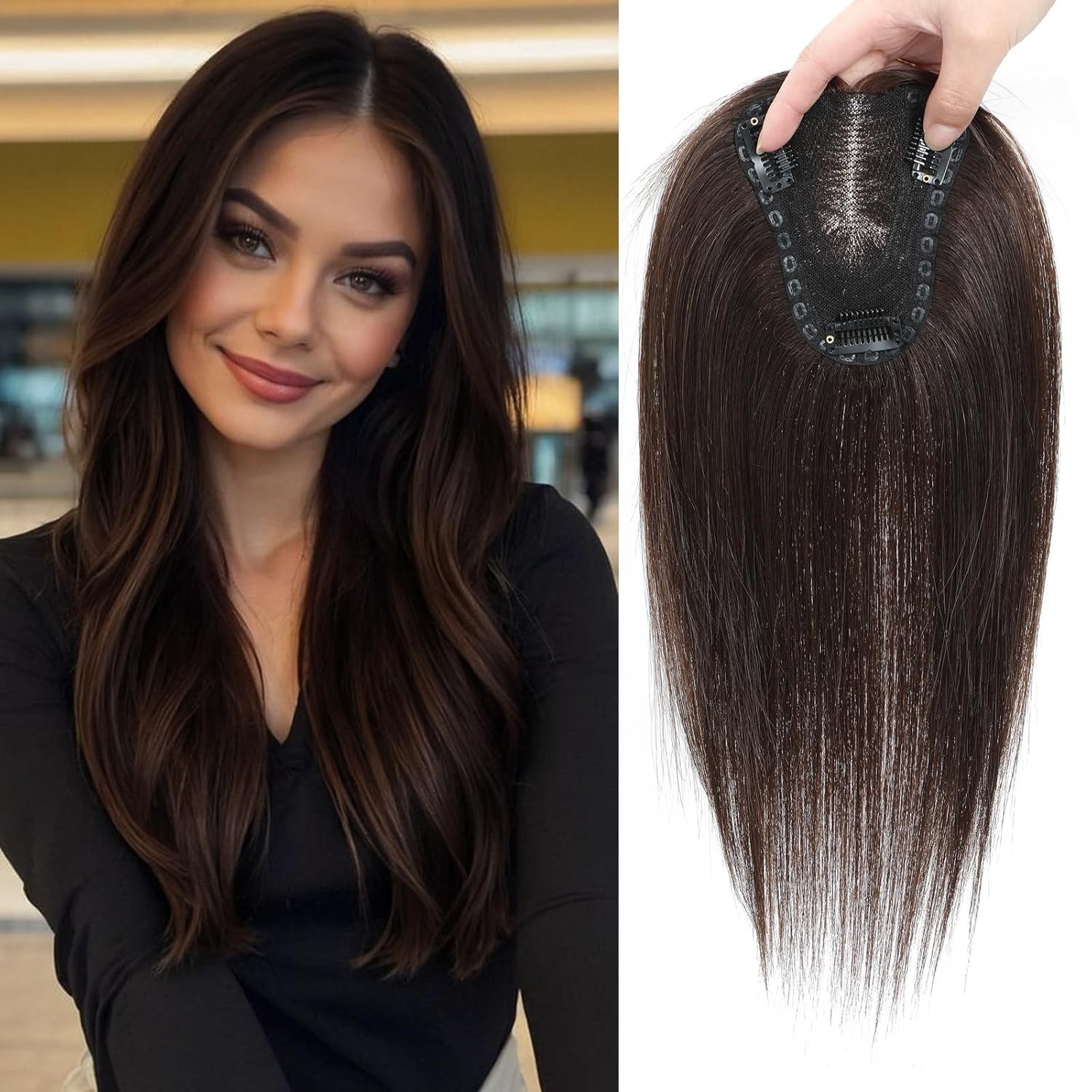 Medium Dark Brown Straight 10-12in Women Human REMY Hair Topper