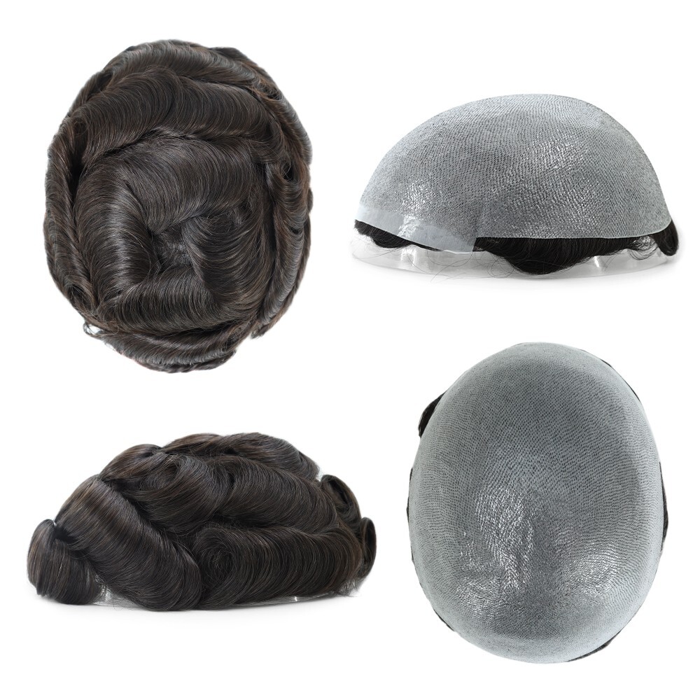 Mens Toupee Human Hair Replacement System 0.05mm Thin Skin BIO Hairpieces #1B