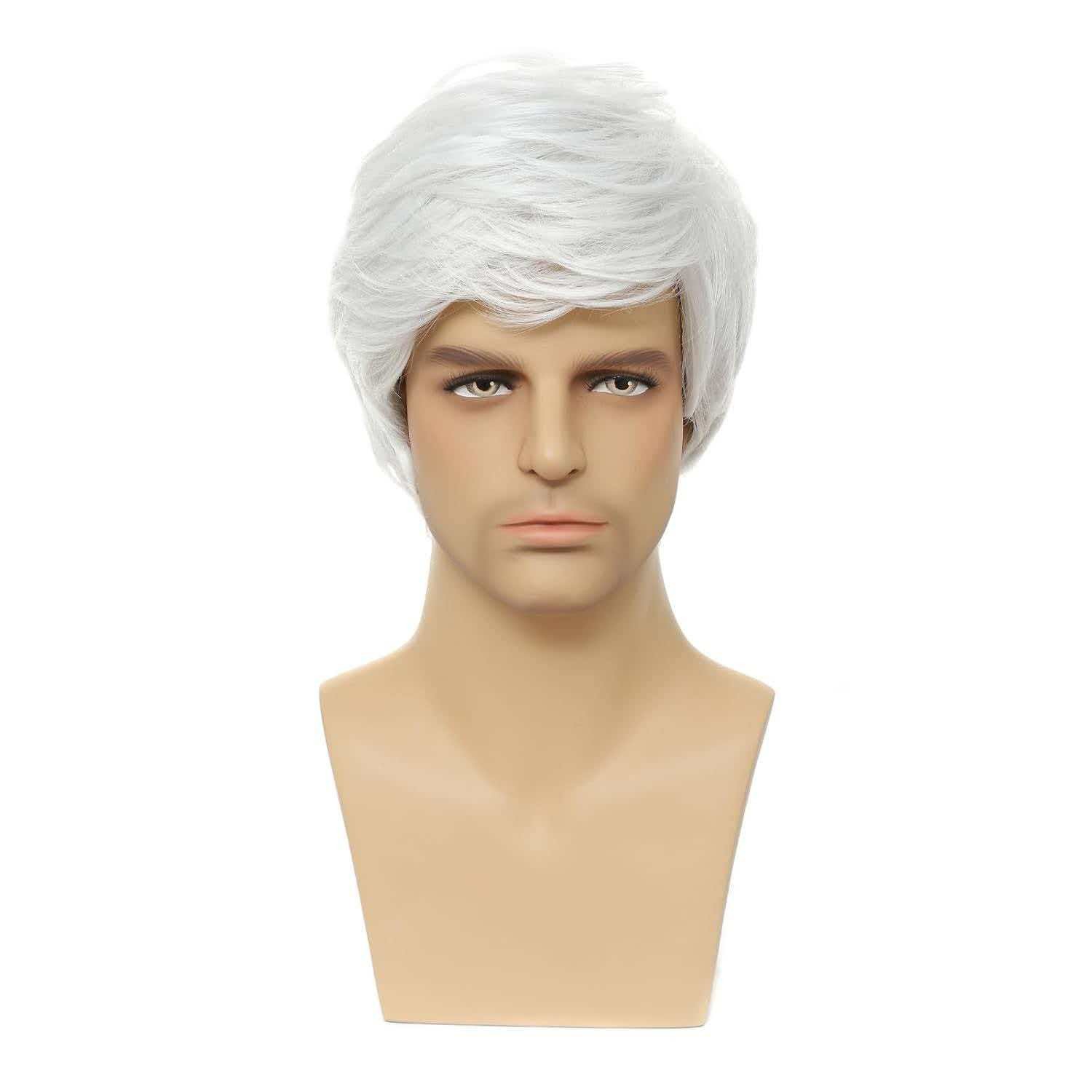 Men’s 6in Short White Straight Wig Full Cosplay Party Synthetic Heat Resistant