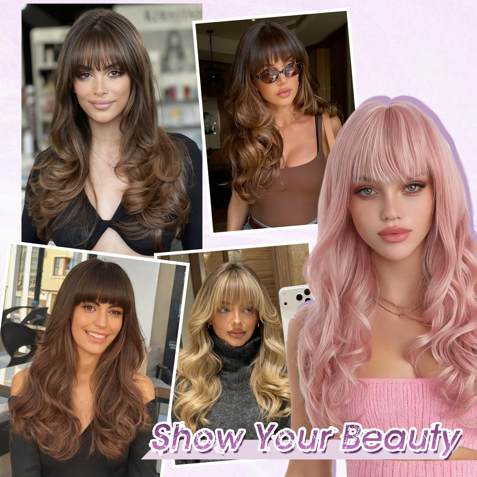 Blonde Wigs with Bangs Long Wavy Layered Haircut Natural Looking Fluffy Synth…