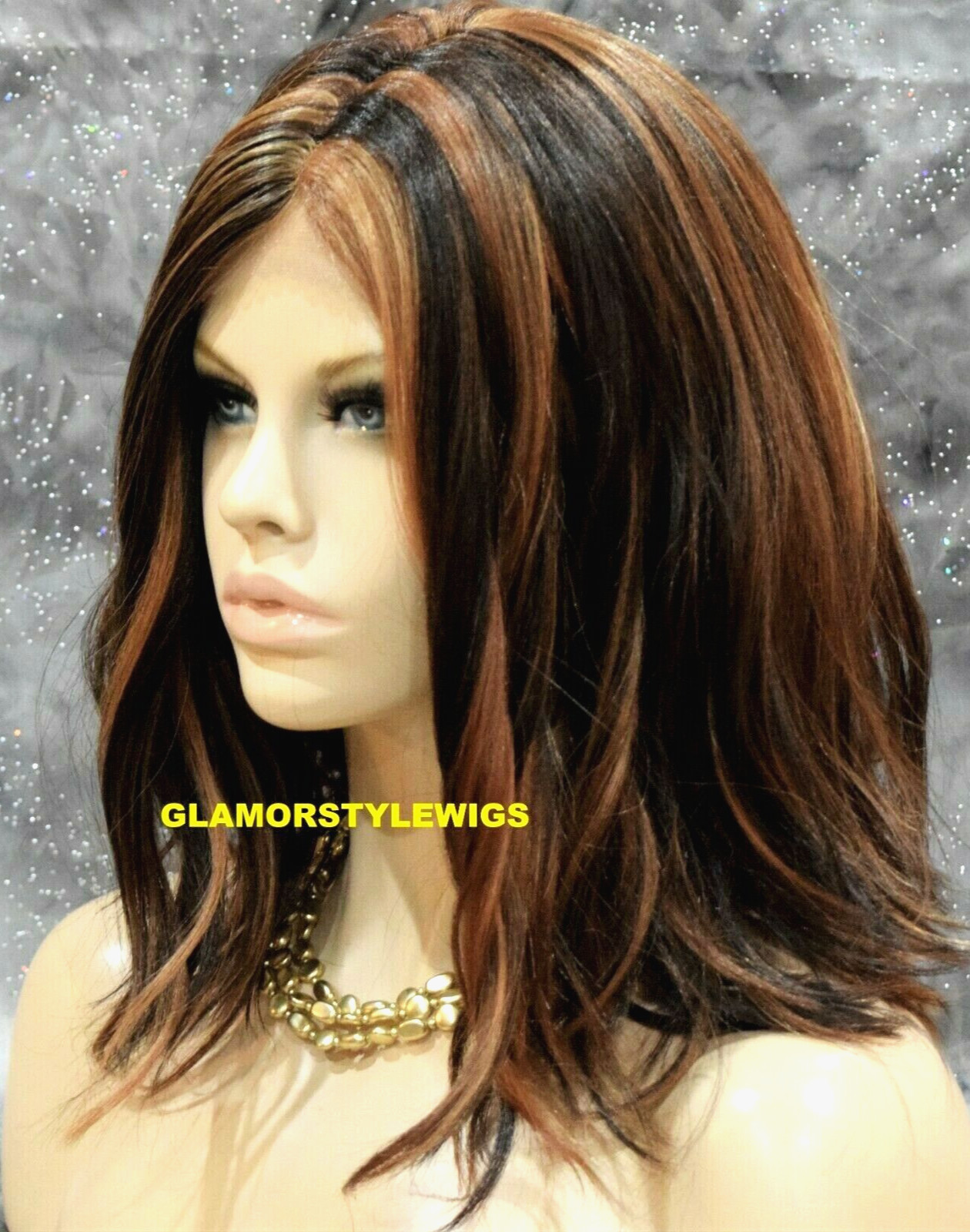 LACE FRONT FULL WIG BOB WAVY LAYERED MIDDLE PART BROWN AUBURN MIX HEAT OK NWT