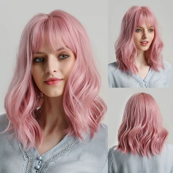 Women Girls Pink Bob Wig with Bangs Short Wavy Pink Bob Wig Synthetic Bob Wig US