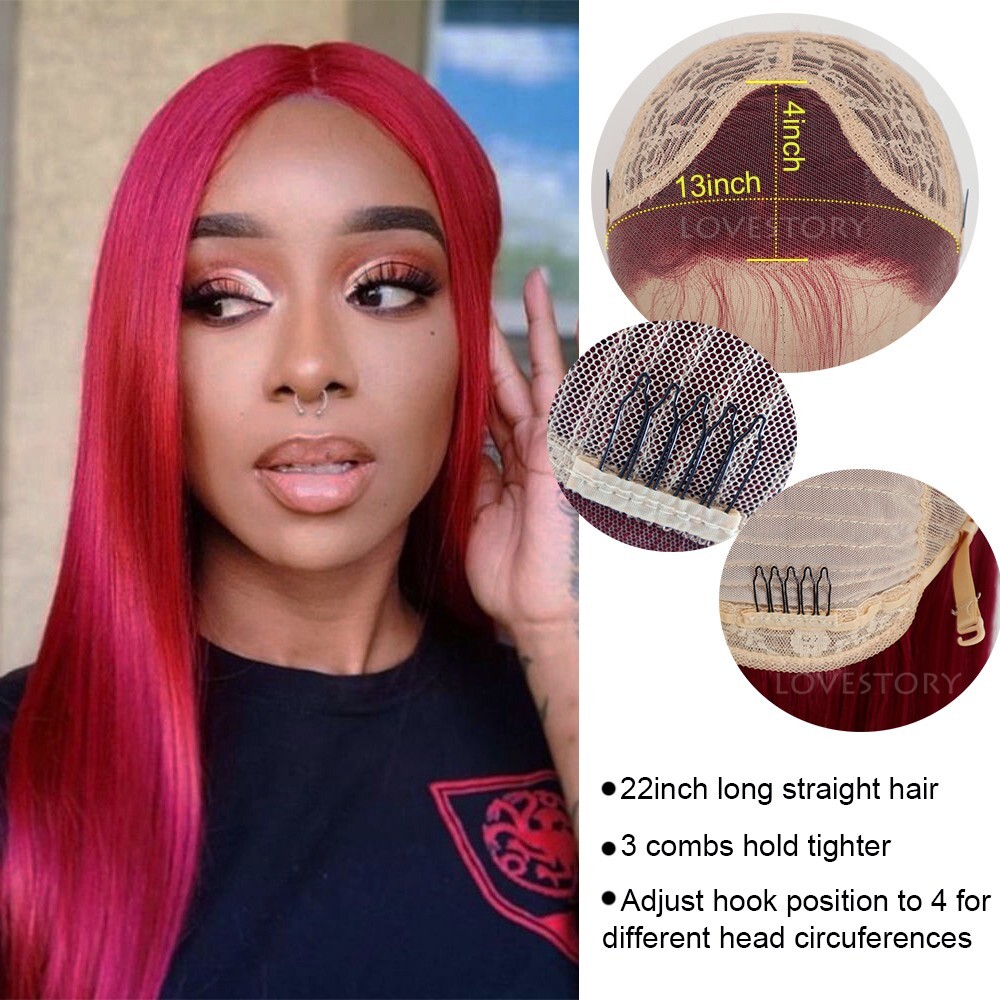 Women Lace Front Wig Red Long Straight Synthetic Hair Wigs Heat Resistant Party