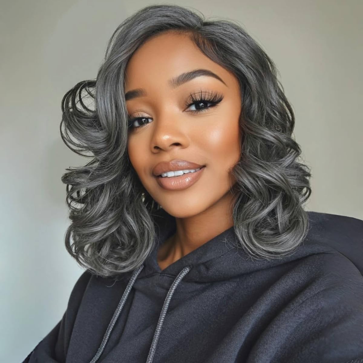 Quickwig Short Loose Wave Bob Wig Side Part Body Wave Wigs Salt Pepper Curly